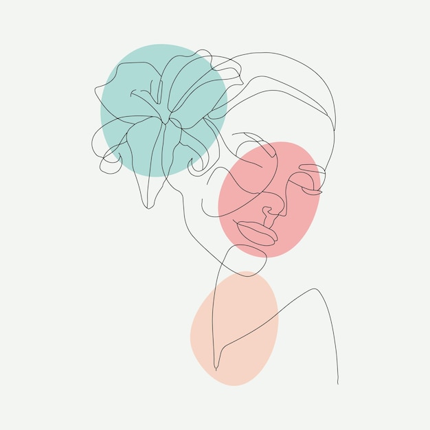 Hand drawn woman face leaves, flowers, bezel, rim, lips elegant line art style