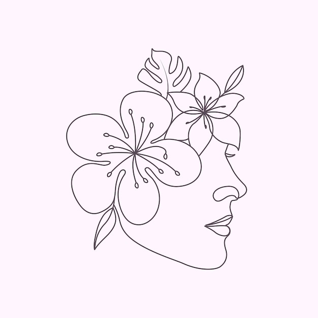 Hand-drawn woman head with flowers beauty floral face elegant minimal line art drawing