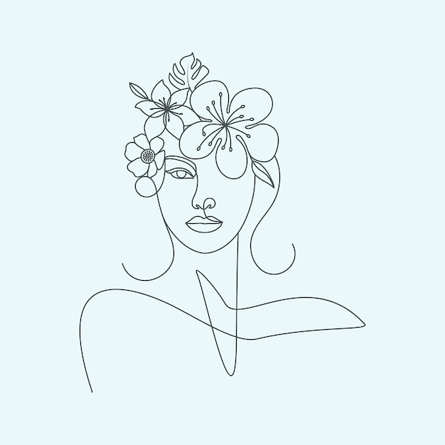 Hand-drawn woman head with flowers elegant line art drawing