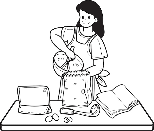 Hand Drawn Woman learning to cook from the internet illustration in doodle style