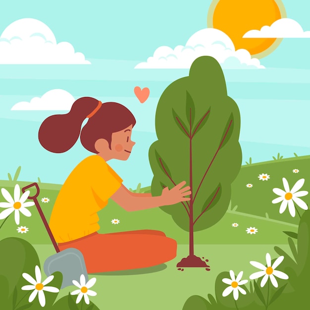 Hand drawn woman planting tree illustrated