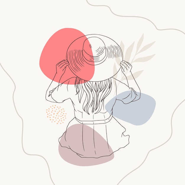 Hand drawn woman relaxing wearing a straw hat using line art style