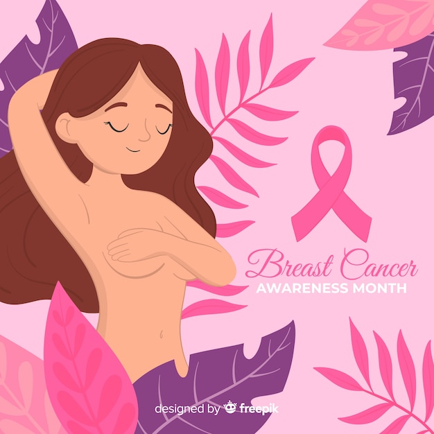 Hand drawn woman supporting breast cancer awareness with ribbon