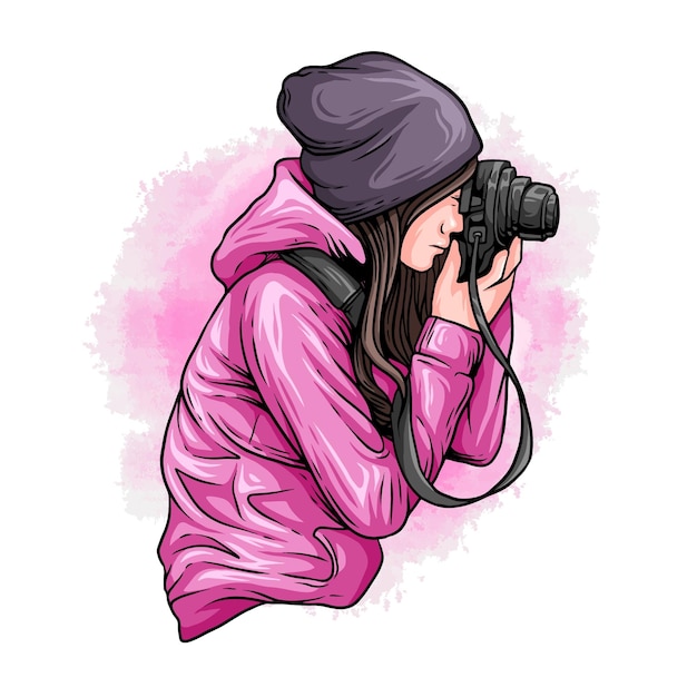 Hand drawn woman taking a photo in colorful style