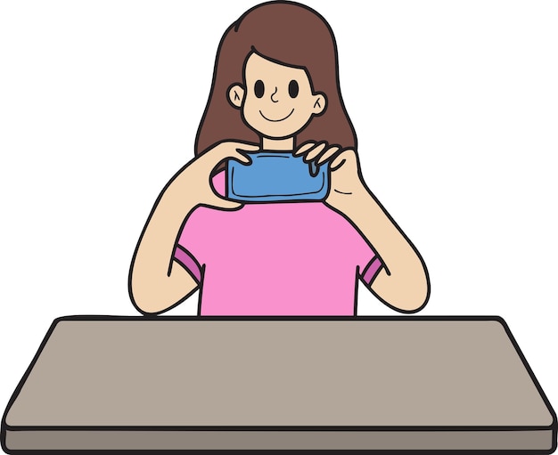 Hand Drawn woman taking photo on dining table illustration in doodle style