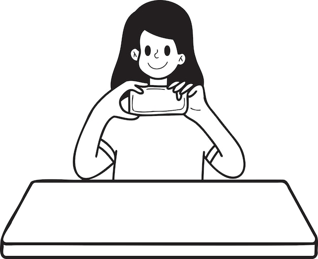 Hand Drawn woman taking photo on dining table illustration in doodle style