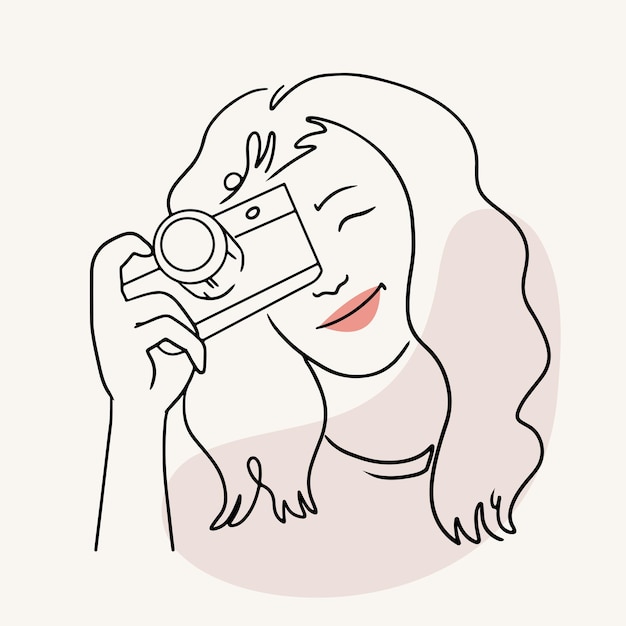 Hand drawn woman taking photo in line art style Sketch outline isolated minimalistic illustration