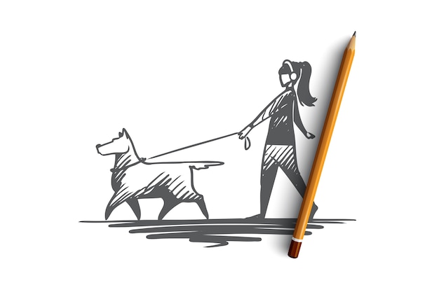 Hand drawn woman walking with her dog concept sketch