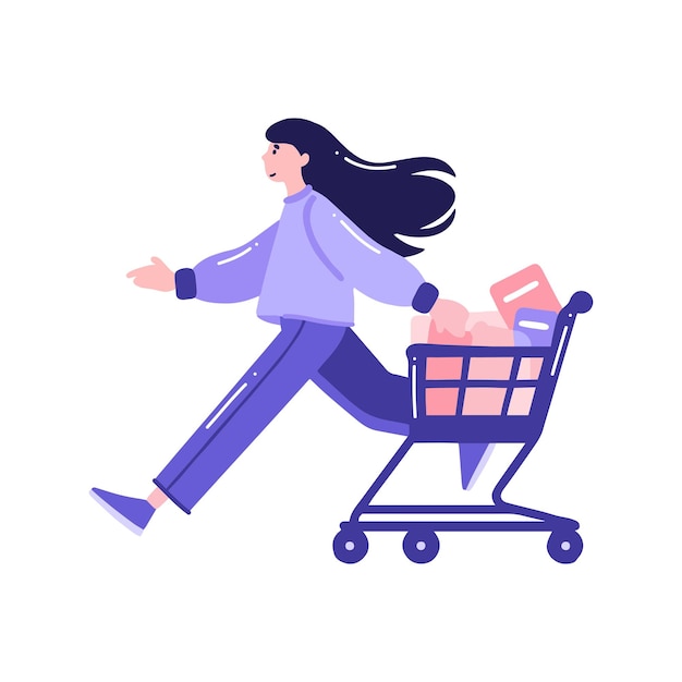 Hand Drawn woman with shopping cart in flat style