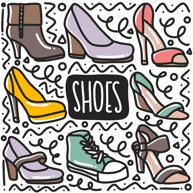 Hand drawn women shoes doodle set with icons and design elements