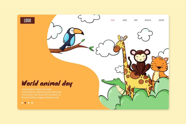 Hand drawn world animal day landing page template