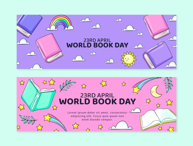 Hand drawn world book day horizontal banners set