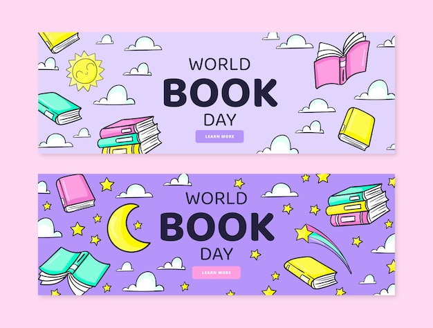 Hand drawn world book day horizontal banners set