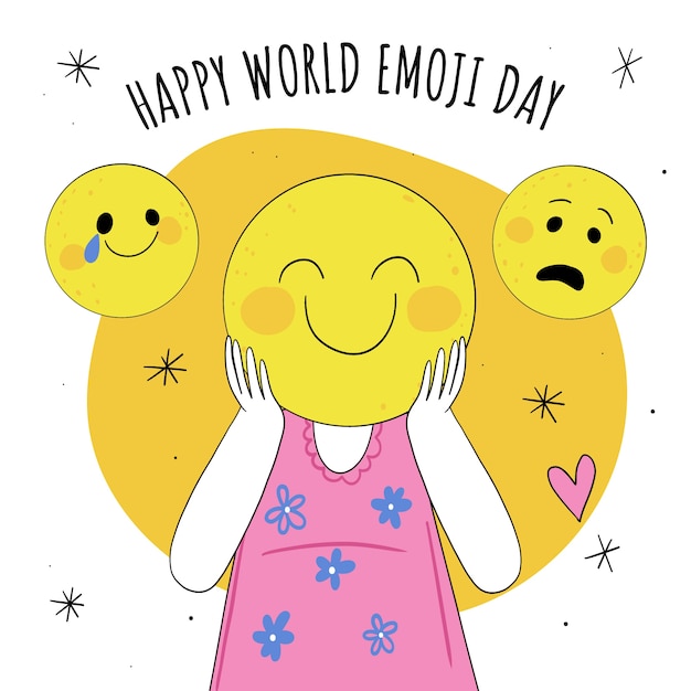 Hand drawn world emoji day illustration with person with emoticon head