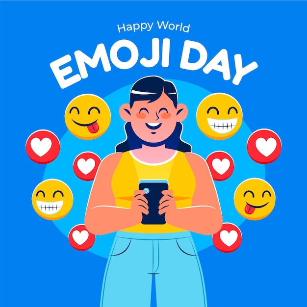 Hand drawn world emoji day illustration with smartphone