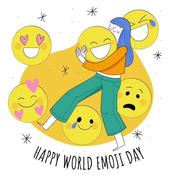 Hand drawn world emoji day illustration with woman hugging emoticon