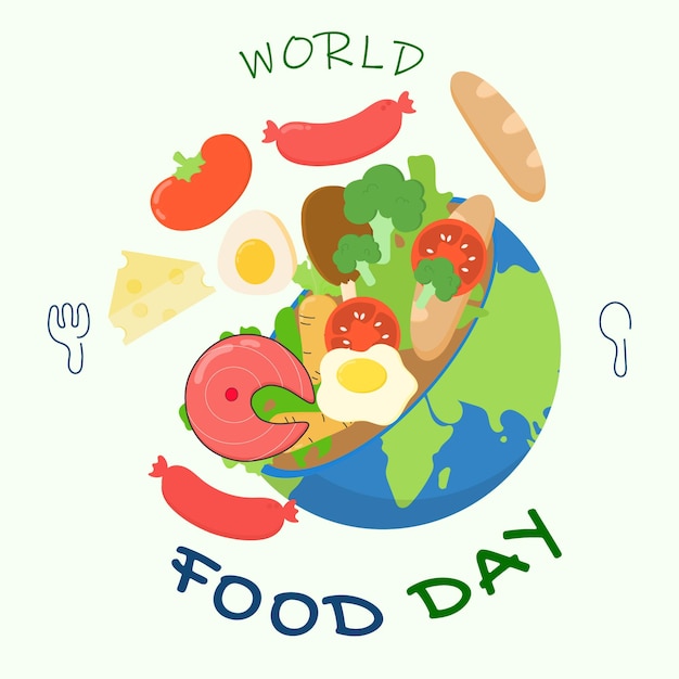 Hand drawn World Food Day with various fresh food inside earth as a bowl