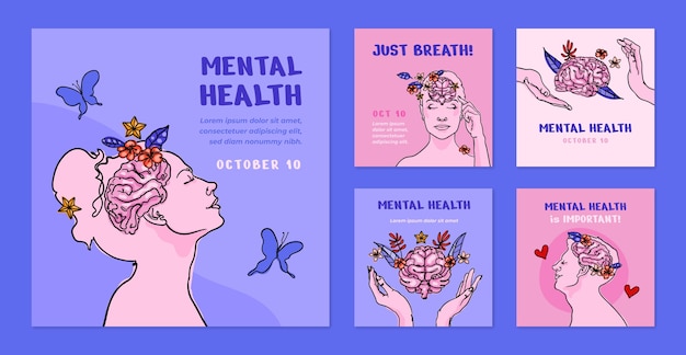 Hand drawn world mental health day instagram posts collection