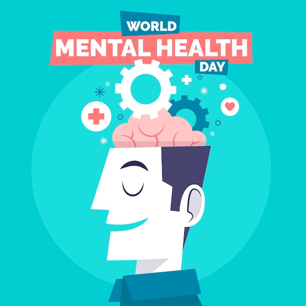 Hand drawn world mental health day with head and gears