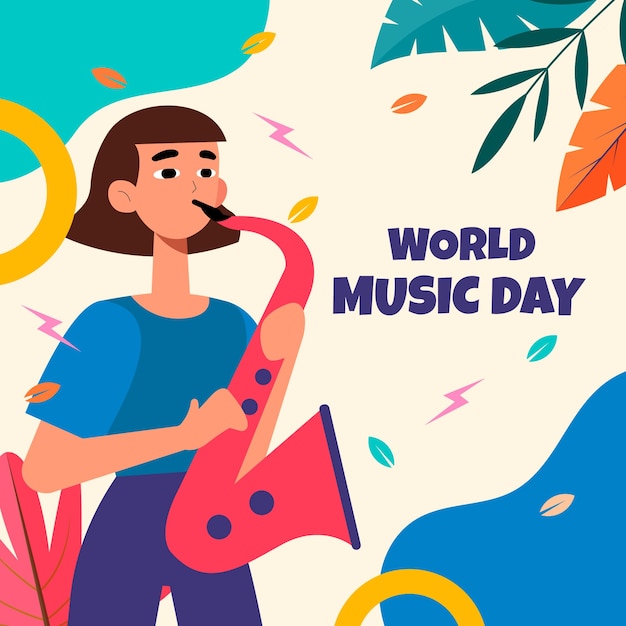 Hand drawn world music day illustration with woman playing saxophone