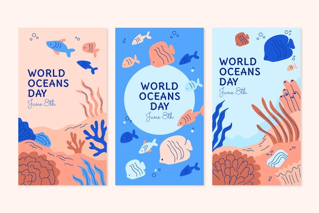 Hand drawn world oceans day instagram stories collection