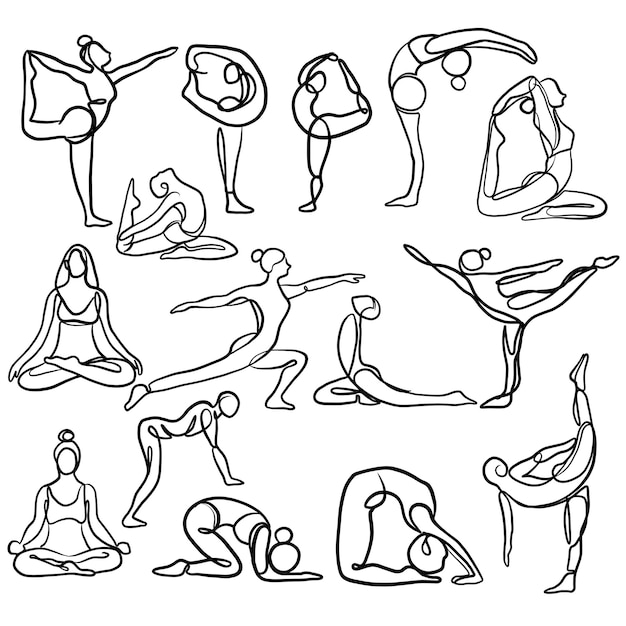 Vector hand drawn yoga and dance one line art poses collection