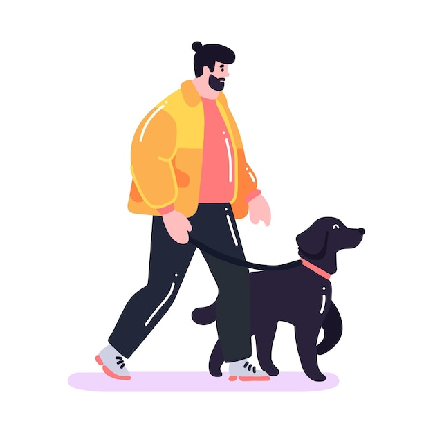 Hand Drawn young man with dog in flat style