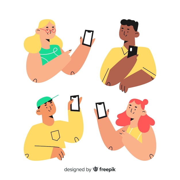 Hand drawn young people holding smartphones 