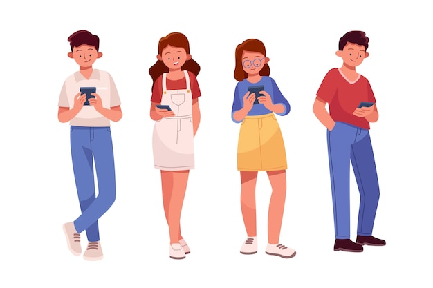 Hand drawn young people using smartphones