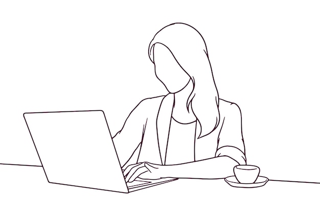 Hand drawn young woman working in the cafe with a laptop illustration