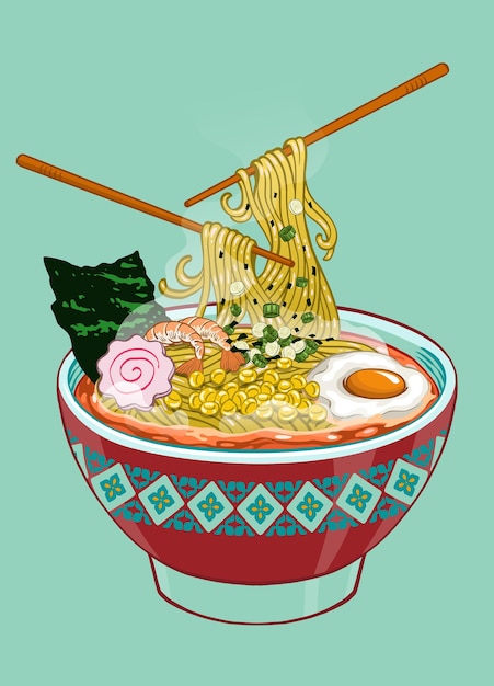 Hand Drawn of Yummy Delicious Japanese ramen Noodle