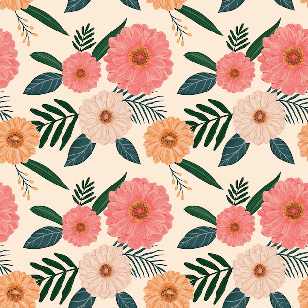 Hand drawn zinnias and leaves floral seamless pattern