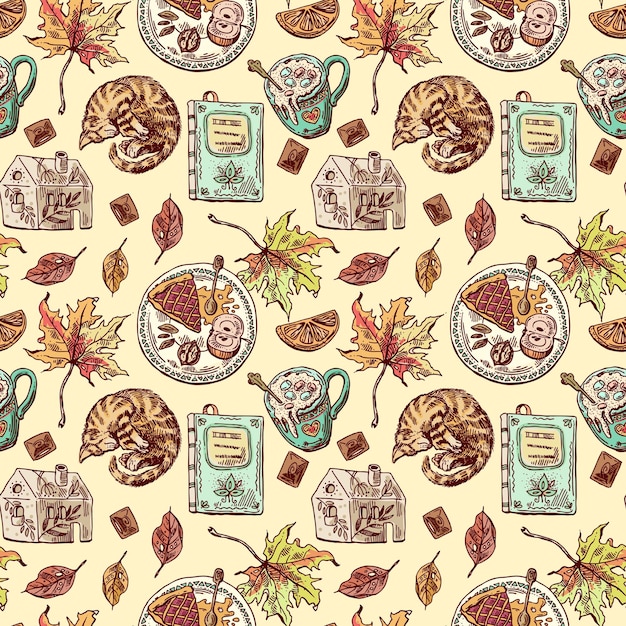 Hand drwan sketch seamless pattern autumn elements Sketch style drawing Us for Invitations flyers postcards smartphone covers etc