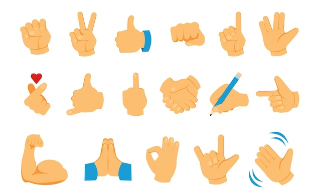 Hand emoji Palm fist and fingers social emoticon collection Thumb up and greeting waving arm Victory and handshake gesture icons Isolated human body parts Vector online communication symbols set