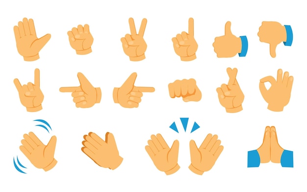 Hand emoticon Social media gesture icons Thumb up and waving arms Fist victory signs Open palm and pointing finger emoji collection Vector network communication graphic symbols set