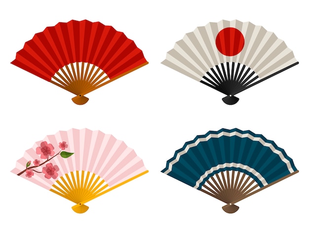 Hand fans set, Japanese and Chinese folding fan, Traditional Asian paper geisha fan.