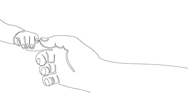 Hand father and hand baby. Two hand. Line art outline one continuous line.