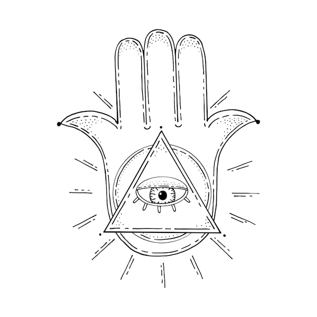 Hand of Fatima Palm with five fingers Allseeing eye Pyramid triangle Masons Ancient religion sign Symbol divine power Prayer amulet Hand drawn vector illustration Gods hand