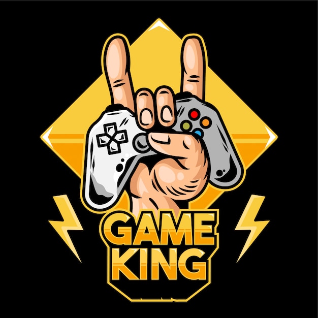 Hand of game king which keep modern gamepad joystick game controller for play video game and show rock sign.