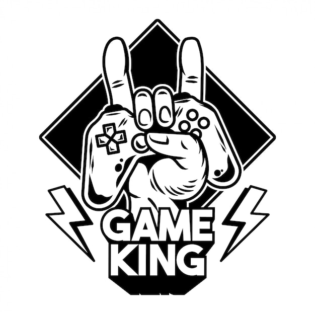 Hand of game king which keep modern gamepad, joystick, game controller for play video game and show rock sign.