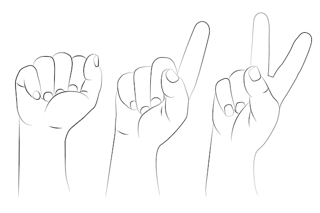 Hand gesture Clenched fist raised up index finger up and two fingers raised Vector Drawing outline