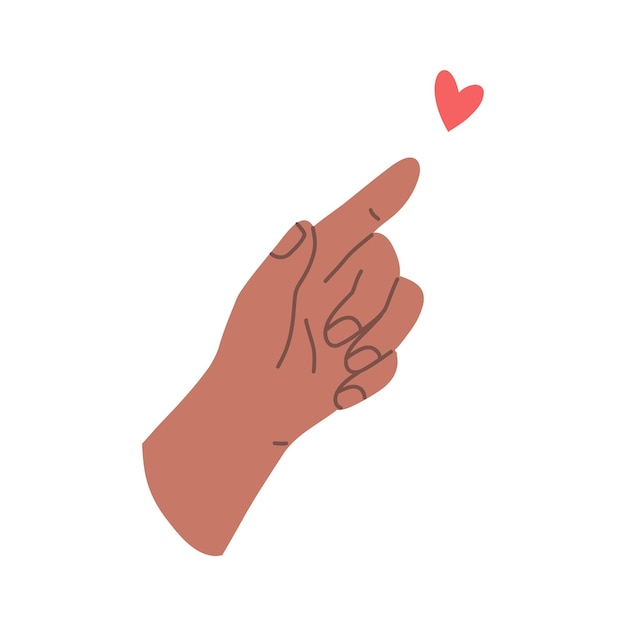 Vector hand gesture expressing love. pointing finger and red heart. vector flat illustration