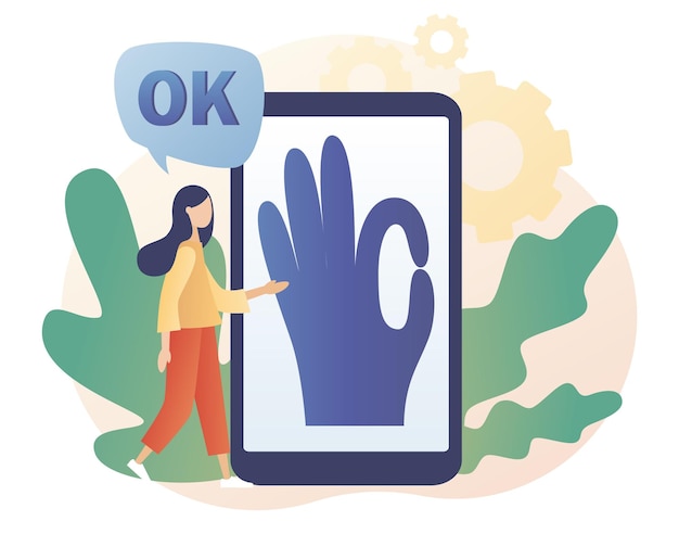 Hand gesture Okay on smartphone screen. OK sign. Communication gestures concept.