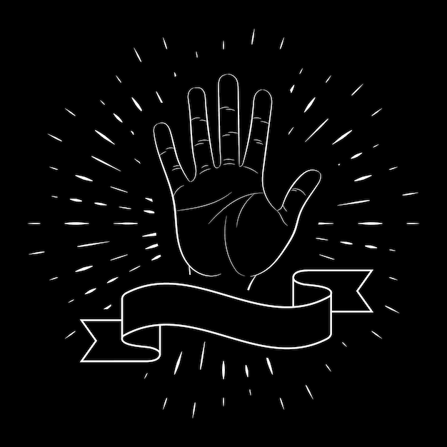 Hand gesture, open palm, greeting, five fingers, contour, against the background of linear rays. For the design of posters, banners, logos. Black background. 10 eps