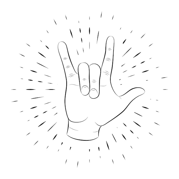 Hand gesture, rock and roll of fingers, hand-drawn, outline, against a background of linear beams. For the design of posters, banners, logos. 10 eps