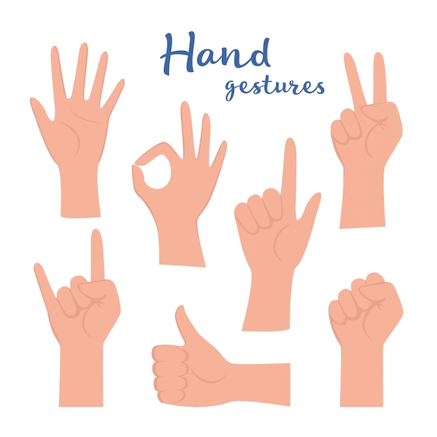 Hand gesture set human hands showing thumbs up pointing and greeting