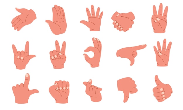 Hand gestures Human palms and wrist showing emotions and signs arm poses pointing fingers forefinger thumb up sign language icons Vector cartoon set