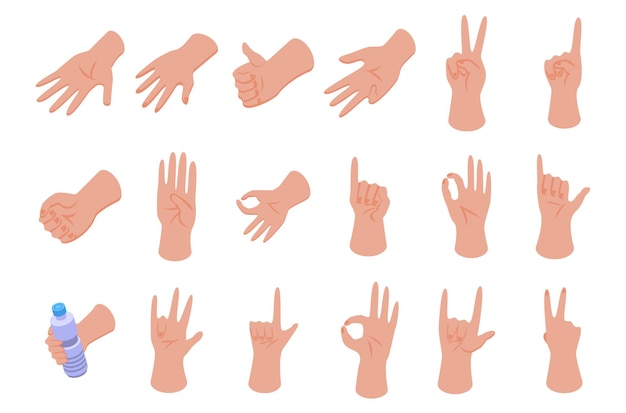 Hand gestures icons set. Isometric set of hand gestures vector icons for web design isolated on white background