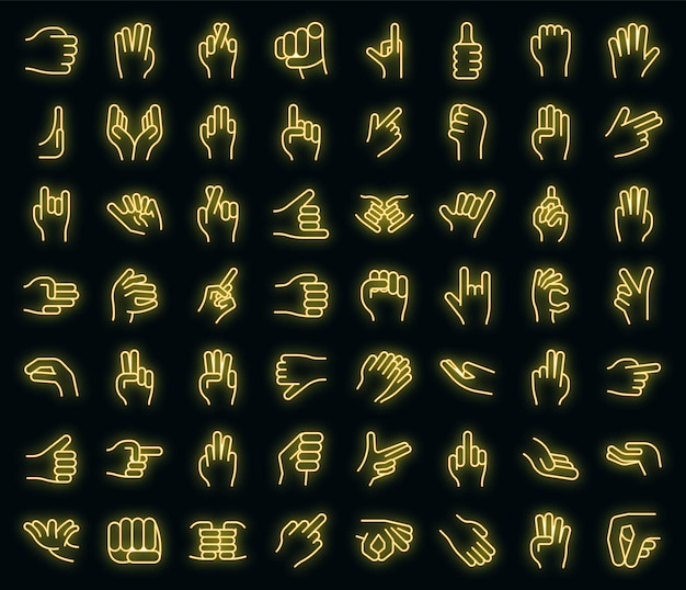 Hand gestures icons set. Outline set of hand gestures vector icons neon color on black