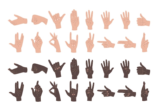 Vector hand gestures set of human hands signs and gestures figures and finger movements different color